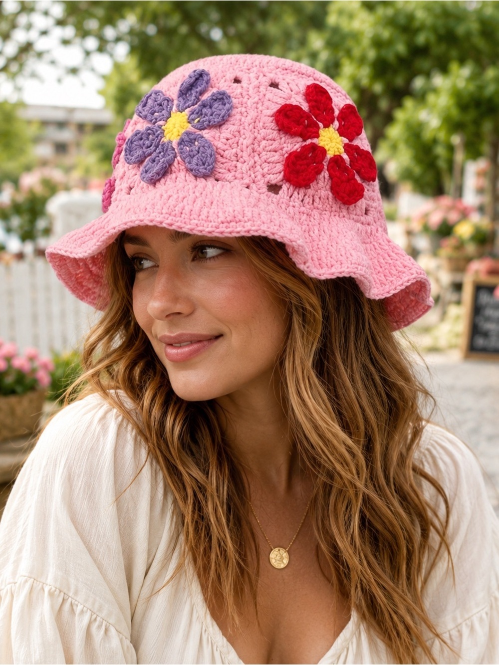 Handmade Crochet Floral Bucket Hat Pink Adult One Size NWT